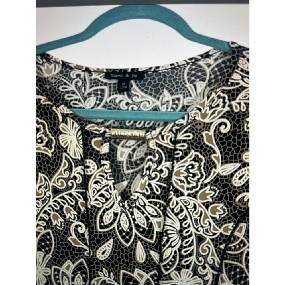 Sami & Jo Boho Paisley Fit & Flare Dress M Bell Sleeve Keyhole Stretch Black Tan - Picture 6 of 7